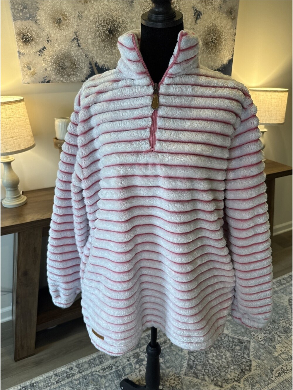 Simply Southern Striped Plush Quarter Zip Pull Over Pink/White Size XL Soft